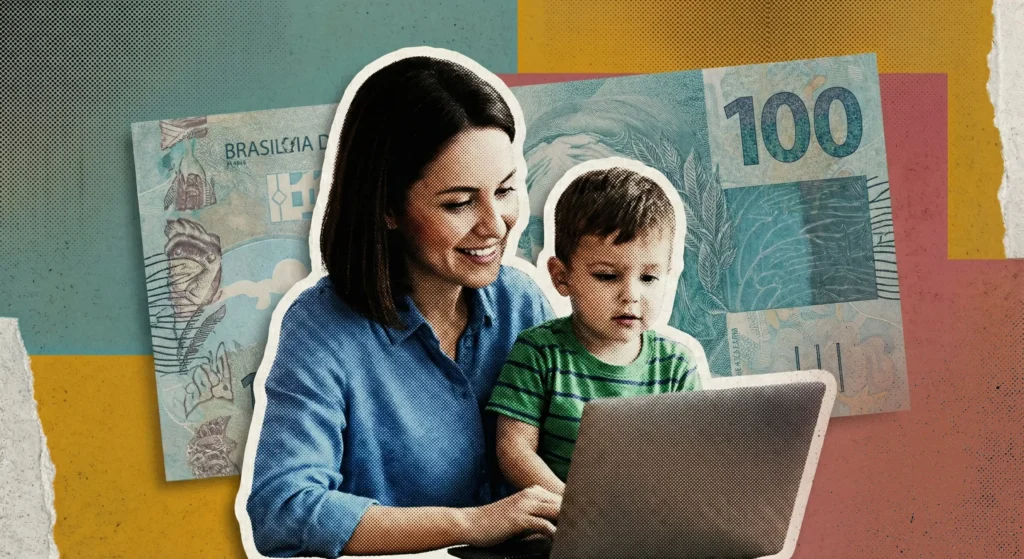 Mãe trabalhando em casa com criança ao lado